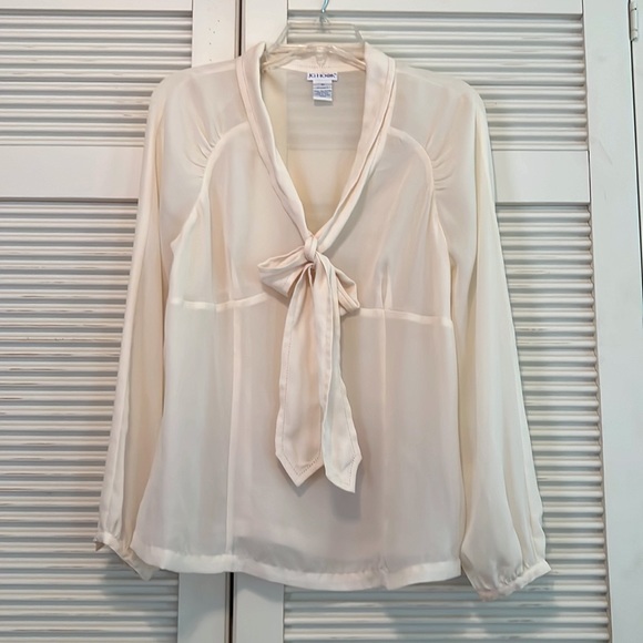 JG Hook Tops - Ivory Bow Tie Front Sheer Long Sleeve Blouse